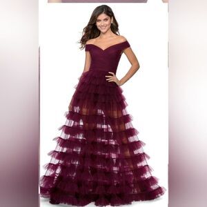 La Femme 28804 Off-Shoulder Tiered Ruffle A-Line Dress NWT size 6 Berry